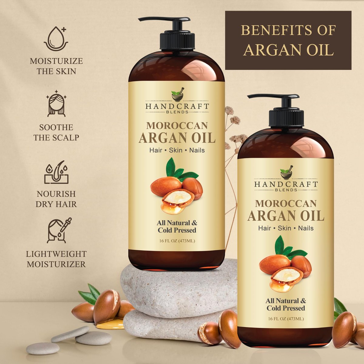Handcraft Blends Marokkanisches Arganöl - 16 Fl Oz - 100% rein und natürlich - Premium-Trägeröl für Haut und Haare - Körper- und Massageöl - Kaltgepresst