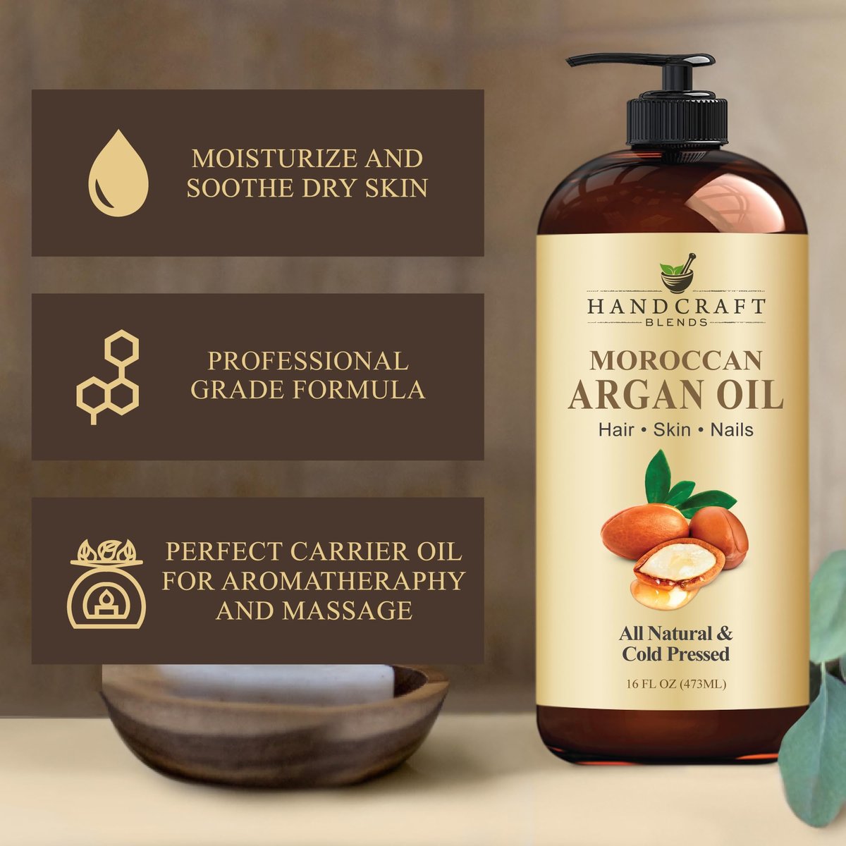 Handcraft Blends Marokkanisches Arganöl - 16 Fl Oz - 100% rein und natürlich - Premium-Trägeröl für Haut und Haare - Körper- und Massageöl - Kaltgepresst