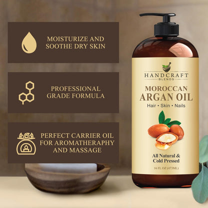 Handcraft Blends Marokkanisches Arganöl - 16 Fl Oz - 100% rein und natürlich - Premium-Trägeröl für Haut und Haare - Körper- und Massageöl - Kaltgepresst