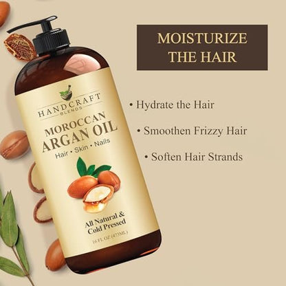 Handcraft Blends Marokkanisches Arganöl - 16 Fl Oz - 100% rein und natürlich - Premium-Trägeröl für Haut und Haare - Körper- und Massageöl - Kaltgepresst