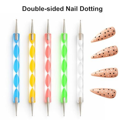 Nail Art Werkzeug Set – 15 Nagelbürsten, 5 doppelendige Dotting-Pens, Nagelständer & Halter-Kit mit Bürstenständer, Pinzette & doppelseitigem Klebeband für DIY Nageldesign & Press-On-Nägel