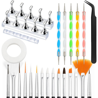 Nail Art Werkzeug Set – 15 Nagelbürsten, 5 doppelendige Dotting-Pens, Nagelständer & Halter-Kit mit Bürstenständer, Pinzette & doppelseitigem Klebeband für DIY Nageldesign & Press-On-Nägel