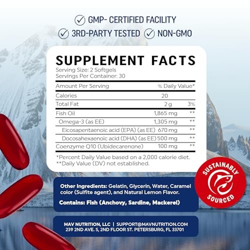Omega 3 Fischöl + Coenzym Q10 | 1305 mg Omega-3 mit 100 mg CoQ10 für Herzgesundheit, Zellenergie und antioxidative Unterstützung | CoQ10 + Omega-3 Nahrungsergänzung | Non-GMO | 60 Kapseln