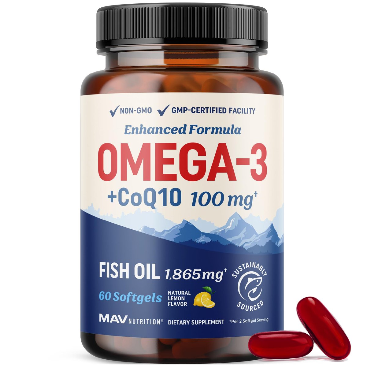 Omega 3 Fischöl + Coenzym Q10 | 1305 mg Omega-3 mit 100 mg CoQ10 für Herzgesundheit, Zellenergie und antioxidative Unterstützung | CoQ10 + Omega-3 Nahrungsergänzung | Non-GMO | 60 Kapseln