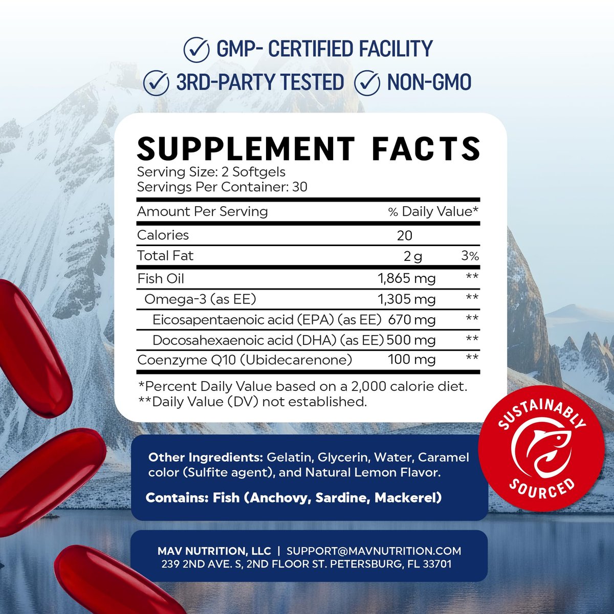 Omega 3 Fischöl + Coenzym Q10 | 1305 mg Omega-3 mit 100 mg CoQ10 für Herzgesundheit, Zellenergie und antioxidative Unterstützung | CoQ10 + Omega-3 Nahrungsergänzung | Non-GMO | 60 Kapseln
