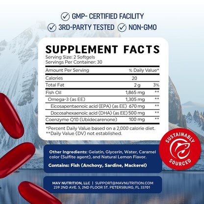 Omega 3 Fischöl + Coenzym Q10 | 1305 mg Omega-3 mit 100 mg CoQ10 für Herzgesundheit, Zellenergie und antioxidative Unterstützung | CoQ10 + Omega-3 Nahrungsergänzung | Non-GMO | 60 Kapseln