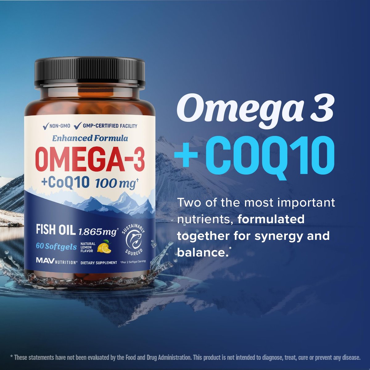 Omega 3 Fischöl + Coenzym Q10 | 1305 mg Omega-3 mit 100 mg CoQ10 für Herzgesundheit, Zellenergie und antioxidative Unterstützung | CoQ10 + Omega-3 Nahrungsergänzung | Non-GMO | 60 Kapseln