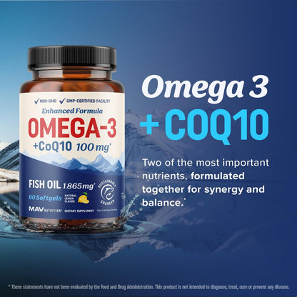 Omega 3 Fischöl + Coenzym Q10 | 1305 mg Omega-3 mit 100 mg CoQ10 für Herzgesundheit, Zellenergie und antioxidative Unterstützung | CoQ10 + Omega-3 Nahrungsergänzung | Non-GMO | 60 Kapseln