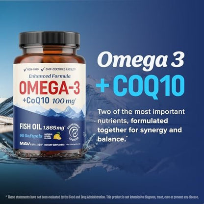 Omega 3 Fischöl + Coenzym Q10 | 1305 mg Omega-3 mit 100 mg CoQ10 für Herzgesundheit, Zellenergie und antioxidative Unterstützung | CoQ10 + Omega-3 Nahrungsergänzung | Non-GMO | 60 Kapseln