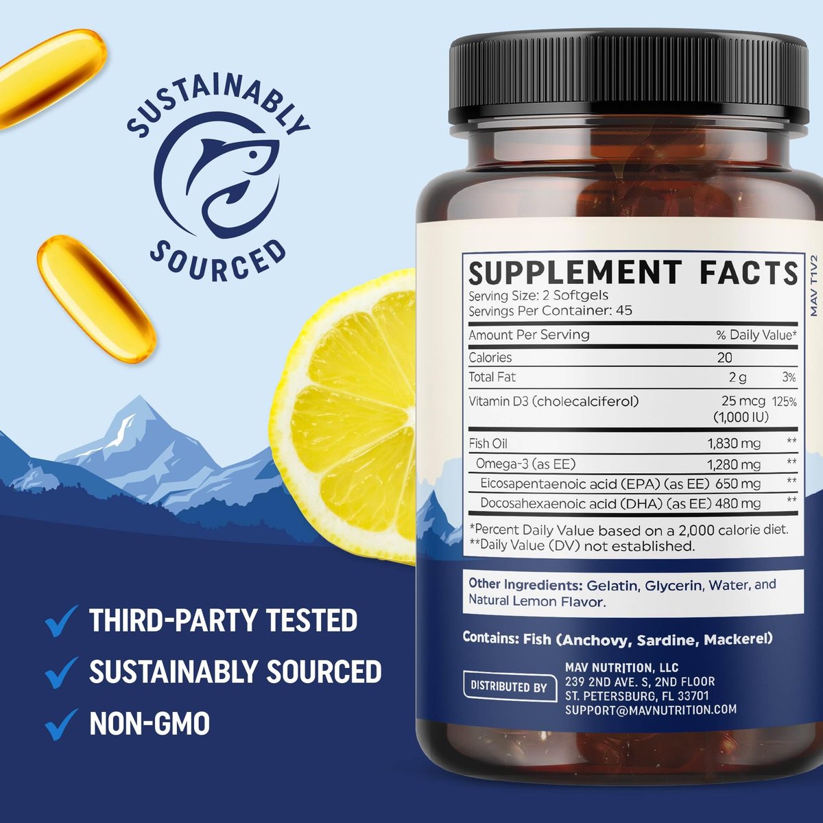 Omega 3 Fischöl mit Vitamin D3 | 1280 mg Omega 3 + 1000 IE Vitamin D3 für Herz, Immunsystem und Knochen | EPA & DHA Omega 3 Kapseln | Nachhaltig, Nicht-GMO | 90 Weichkapseln
