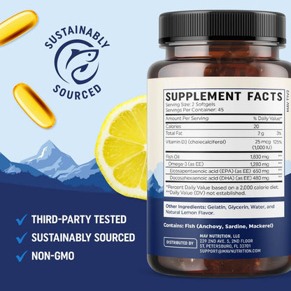 Omega 3 Fischöl mit Vitamin D3 | 1280 mg Omega 3 + 1000 IE Vitamin D3 für Herz, Immunsystem und Knochen | EPA & DHA Omega 3 Kapseln | Nachhaltig, Nicht-GMO | 90 Weichkapseln