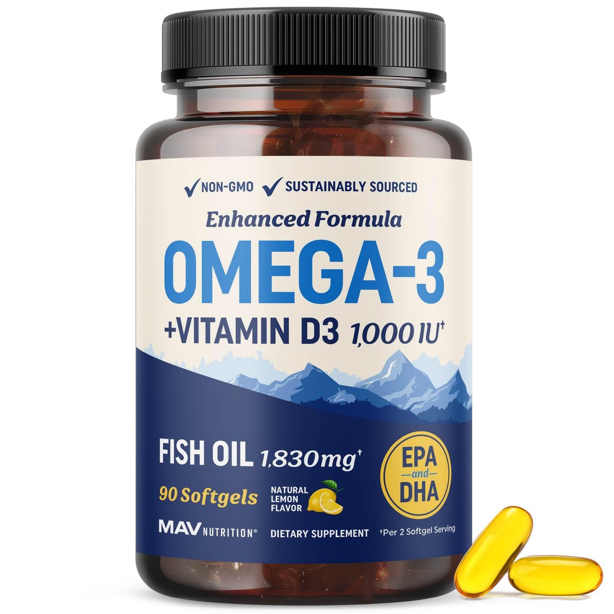Omega 3 Fischöl mit Vitamin D3 | 1280 mg Omega 3 + 1000 IE Vitamin D3 für Herz, Immunsystem und Knochen | EPA & DHA Omega 3 Kapseln | Nachhaltig, Nicht-GMO | 90 Weichkapseln