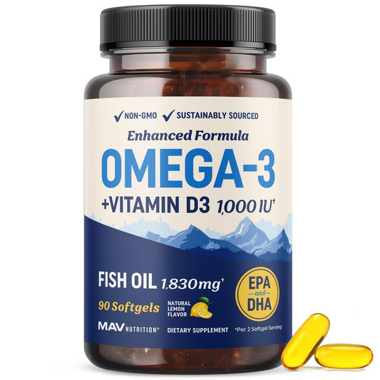 Omega 3 Fischöl mit Vitamin D3 | 1280 mg Omega 3 + 1000 IE Vitamin D3 für Herz, Immunsystem und Knochen | EPA & DHA Omega 3 Kapseln | Nachhaltig, Nicht-GMO | 90 Weichkapseln