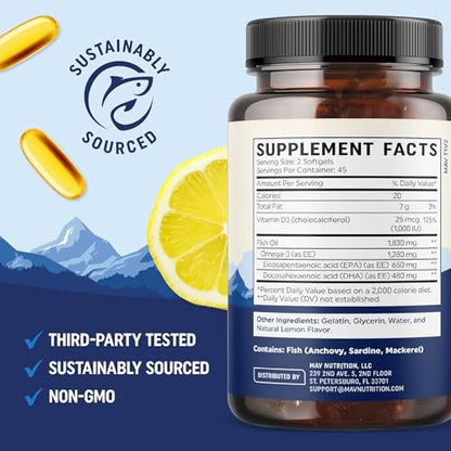 Omega 3 Fischöl mit Vitamin D3 | 1280 mg Omega 3 + 1000 IE Vitamin D3 für Herz, Immunsystem und Knochen | EPA & DHA Omega 3 Kapseln | Nachhaltig, Nicht-GMO | 90 Weichkapseln