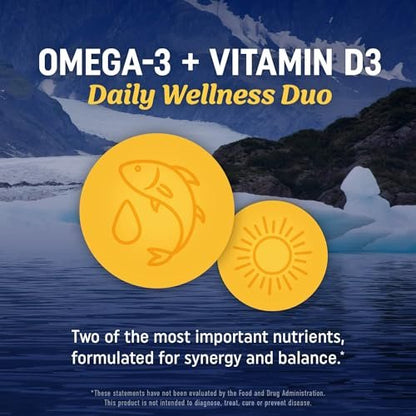 Omega 3 Fischöl mit Vitamin D3 | 1280 mg Omega 3 + 1000 IE Vitamin D3 für Herz, Immunsystem und Knochen | EPA & DHA Omega 3 Kapseln | Nachhaltig, Nicht-GMO | 90 Weichkapseln