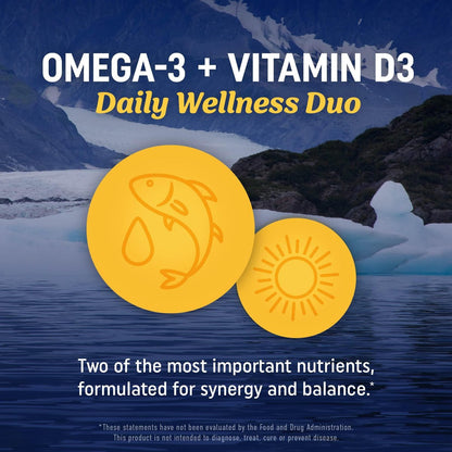 Omega 3 Fischöl mit Vitamin D3 | 1280 mg Omega 3 + 1000 IE Vitamin D3 für Herz, Immunsystem und Knochen | EPA & DHA Omega 3 Kapseln | Nachhaltig, Nicht-GMO | 90 Weichkapseln