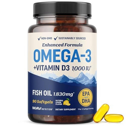 Omega 3 Fischöl mit Vitamin D3 | 1280 mg Omega 3 + 1000 IE Vitamin D3 für Herz, Immunsystem und Knochen | EPA & DHA Omega 3 Kapseln | Nachhaltig, Nicht-GMO | 90 Weichkapseln