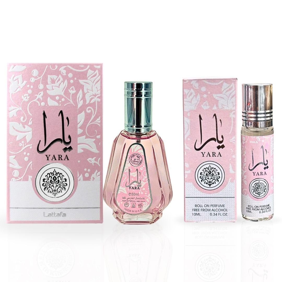 Lattafa Yara EDP Spray 50 ml & Yara Roll-On Parfümöl 10 ml – Langanhaltender Blumenduft für Damen – Majestätisches Duftset
