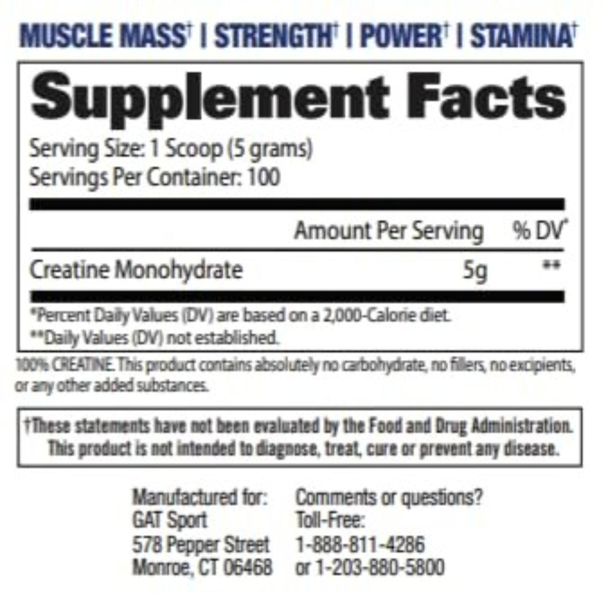 GAT SPORT Kreatin Monohydrat 500 Gramm Pulver – Für Kraft, Gehirngesundheit, Antioxidans, Ausdauer – Für Männer & Frauen – Ungesüßt – 100 Portionen