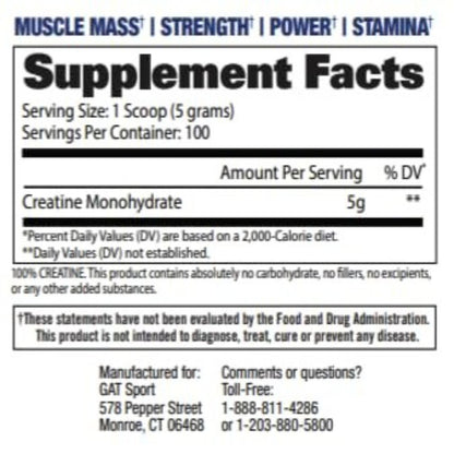 GAT SPORT Kreatin Monohydrat 500 Gramm Pulver – Für Kraft, Gehirngesundheit, Antioxidans, Ausdauer – Für Männer & Frauen – Ungesüßt – 100 Portionen