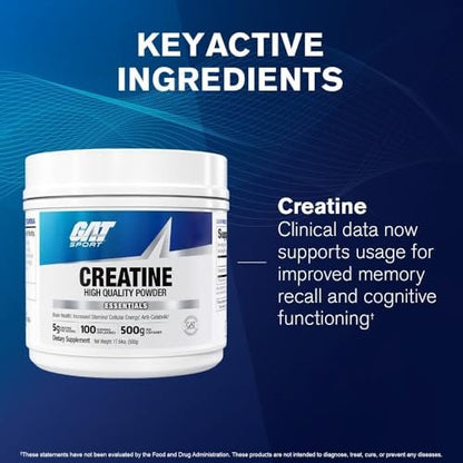 GAT SPORT Kreatin Monohydrat 500 Gramm Pulver – Für Kraft, Gehirngesundheit, Antioxidans, Ausdauer – Für Männer & Frauen – Ungesüßt – 100 Portionen