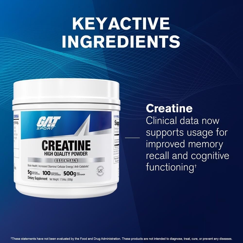 GAT SPORT Kreatin Monohydrat 500 Gramm Pulver – Für Kraft, Gehirngesundheit, Antioxidans, Ausdauer – Für Männer & Frauen – Ungesüßt – 100 Portionen