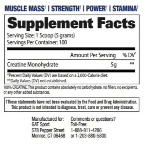 GAT SPORT Kreatin Monohydrat 500 Gramm Pulver – Für Kraft, Gehirngesundheit, Antioxidans, Ausdauer – Für Männer & Frauen – Ungesüßt – 100 Portionen