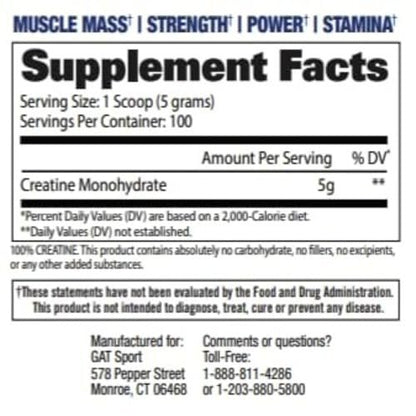 GAT SPORT Kreatin Monohydrat 500 Gramm Pulver – Für Kraft, Gehirngesundheit, Antioxidans, Ausdauer – Für Männer & Frauen – Ungesüßt – 100 Portionen