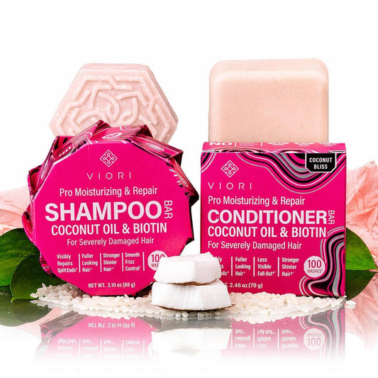 Viori Coconut Advanced Repair Shampoo & Conditioner Bar Set – Longsheng Reiswasser & Jojoba-Ester – Sulfatfrei, umweltfreundlich, Reisebars für trockenes oder geschädigtes Haar