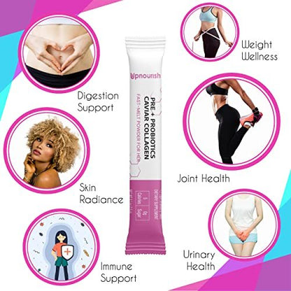 UpNourish Probiotika, Kaviar-Kollagen mit Präbiotika für die Verdauungs-, Haut- und Frauengesundheit mit Cranberry-Extrakt & D-Mannose, 30 Fast-Melt-Päckchen