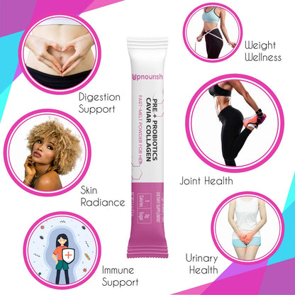 UpNourish Probiotika, Kaviar-Kollagen mit Präbiotika für die Verdauungs-, Haut- und Frauengesundheit mit Cranberry-Extrakt & D-Mannose, 30 Fast-Melt-Päckchen