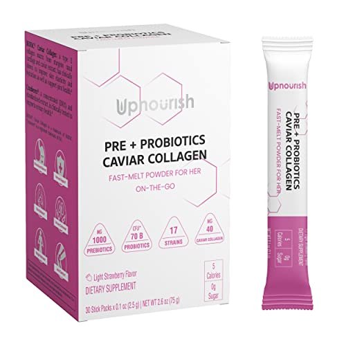 UpNourish Probiotika, Kaviar-Kollagen mit Präbiotika für die Verdauungs-, Haut- und Frauengesundheit mit Cranberry-Extrakt & D-Mannose, 30 Fast-Melt-Päckchen
