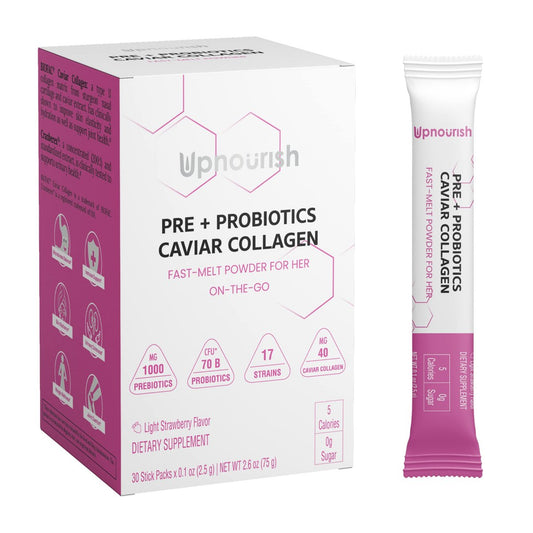 UpNourish Probiotika, Kaviar-Kollagen mit Präbiotika für die Verdauungs-, Haut- und Frauengesundheit mit Cranberry-Extrakt & D-Mannose, 30 Fast-Melt-Päckchen
