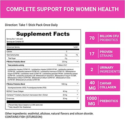 UpNourish Probiotika, Kaviar-Kollagen mit Präbiotika für die Verdauungs-, Haut- und Frauengesundheit mit Cranberry-Extrakt & D-Mannose, 30 Fast-Melt-Päckchen