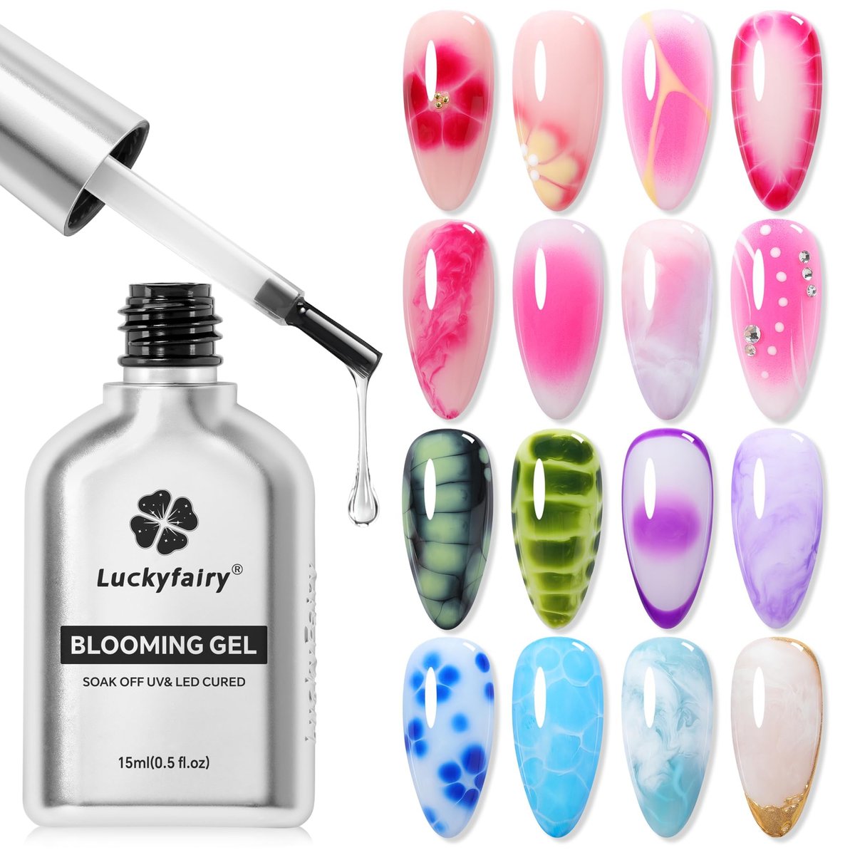 Luckyfairy Blooming Gel Nagellack Klar: 15ml UV-LED Nail Blooming Gel für Marmor- und Aquarelleffekte, Frühlingsblumen-Nagelkunst