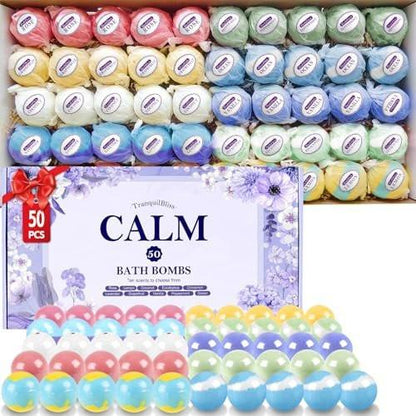 TranquilBliss Badebomben für Frauen, 50 Stück Set mit 10 reichhaltigen Düften, natürliche Badebomben, Feuchtigkeitspflege für trockene Haut, Geschenk für Weihnachten, Muttertag, Geburtstag, für Mama, Ehefrau, Sie, Mädchen