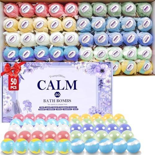 TranquilBliss Badebomben für Frauen, 50 Stück Set mit 10 reichhaltigen Düften, natürliche Badebomben, Feuchtigkeitspflege für trockene Haut, Geschenk für Weihnachten, Muttertag, Geburtstag, für Mama, Ehefrau, Sie, Mädchen