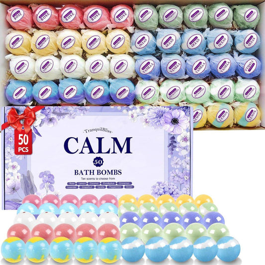 TranquilBliss Badebomben für Frauen, 50 Stück Set mit 10 reichhaltigen Düften, natürliche Badebomben, Feuchtigkeitspflege für trockene Haut, Geschenk für Weihnachten, Muttertag, Geburtstag, für Mama, Ehefrau, Sie, Mädchen