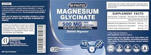 DRFOSTER Magnesium Glycinat 500mg mit Zink & Vitamin D3, Hochabsorbierendes Chelat-Magnesium-Glycinat für Schlaf, Muskel- & Knochenunterstützung, Wadenkrämpfe, Non-GMO - 120 vegane Kapseln