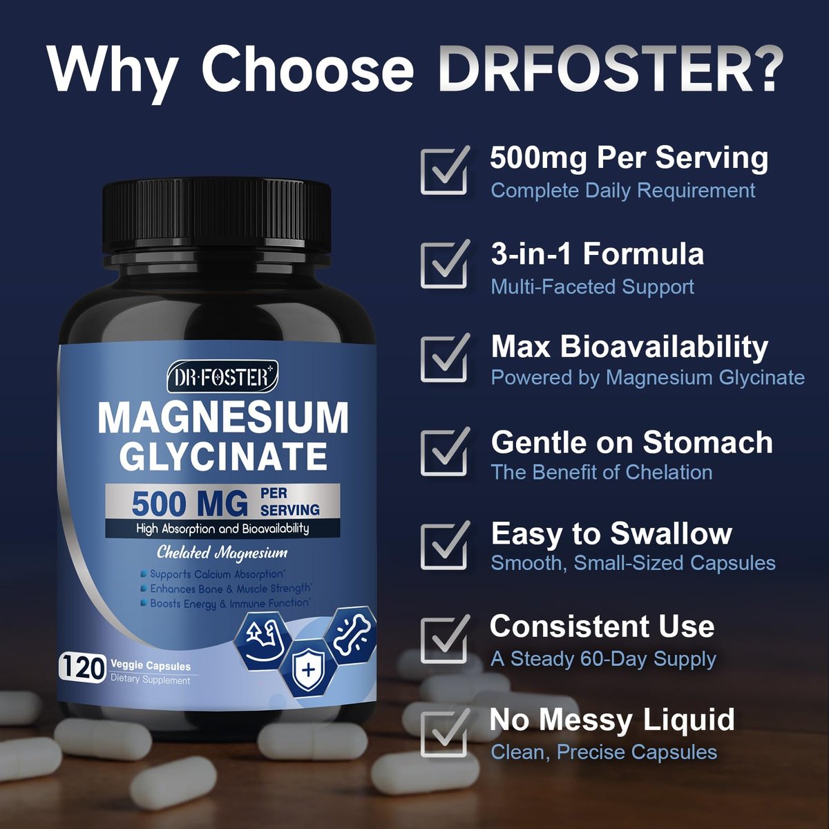 DRFOSTER Magnesium Glycinat 500mg mit Zink & Vitamin D3, Hochabsorbierendes Chelat-Magnesium-Glycinat für Schlaf, Muskel- & Knochenunterstützung, Wadenkrämpfe, Non-GMO - 120 vegane Kapseln