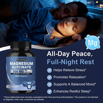 DRFOSTER Magnesium Glycinat 500mg mit Zink & Vitamin D3, Hochabsorbierendes Chelat-Magnesium-Glycinat für Schlaf, Muskel- & Knochenunterstützung, Wadenkrämpfe, Non-GMO - 120 vegane Kapseln