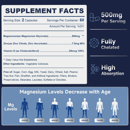 DRFOSTER Magnesium Glycinat 500mg mit Zink & Vitamin D3, Hochabsorbierendes Chelat-Magnesium-Glycinat für Schlaf, Muskel- & Knochenunterstützung, Wadenkrämpfe, Non-GMO - 120 vegane Kapseln