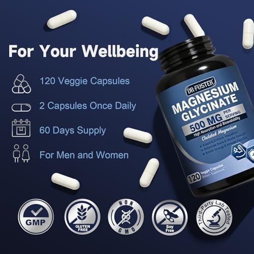 DRFOSTER Magnesium Glycinat 500mg mit Zink & Vitamin D3, Hochabsorbierendes Chelat-Magnesium-Glycinat für Schlaf, Muskel- & Knochenunterstützung, Wadenkrämpfe, Non-GMO - 120 vegane Kapseln