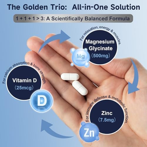 DRFOSTER Magnesium Glycinat 500mg mit Zink & Vitamin D3, Hochabsorbierendes Chelat-Magnesium-Glycinat für Schlaf, Muskel- & Knochenunterstützung, Wadenkrämpfe, Non-GMO - 120 vegane Kapseln