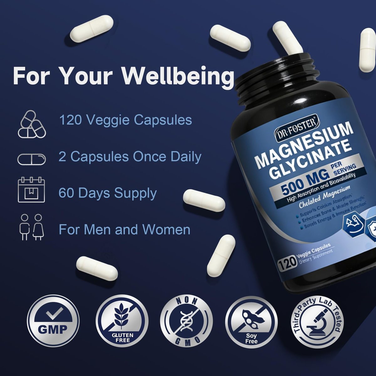 DRFOSTER Magnesium Glycinat 500mg mit Zink & Vitamin D3, Hochabsorbierendes Chelat-Magnesium-Glycinat für Schlaf, Muskel- & Knochenunterstützung, Wadenkrämpfe, Non-GMO - 120 vegane Kapseln