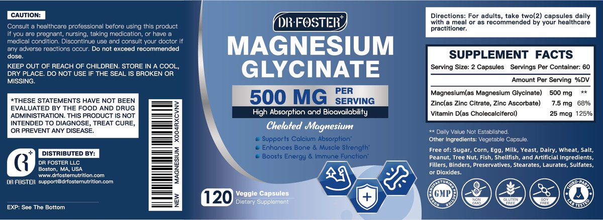 DRFOSTER Magnesium Glycinat 500mg mit Zink & Vitamin D3, Hochabsorbierendes Chelat-Magnesium-Glycinat für Schlaf, Muskel- & Knochenunterstützung, Wadenkrämpfe, Non-GMO - 120 vegane Kapseln