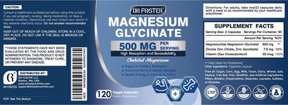 DRFOSTER Magnesium Glycinat 500mg mit Zink & Vitamin D3, Hochabsorbierendes Chelat-Magnesium-Glycinat für Schlaf, Muskel- & Knochenunterstützung, Wadenkrämpfe, Non-GMO - 120 vegane Kapseln