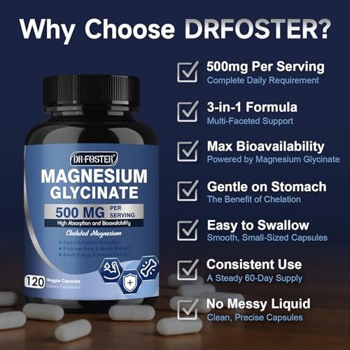 DRFOSTER Magnesium Glycinat 500mg mit Zink & Vitamin D3, Hochabsorbierendes Chelat-Magnesium-Glycinat für Schlaf, Muskel- & Knochenunterstützung, Wadenkrämpfe, Non-GMO - 120 vegane Kapseln