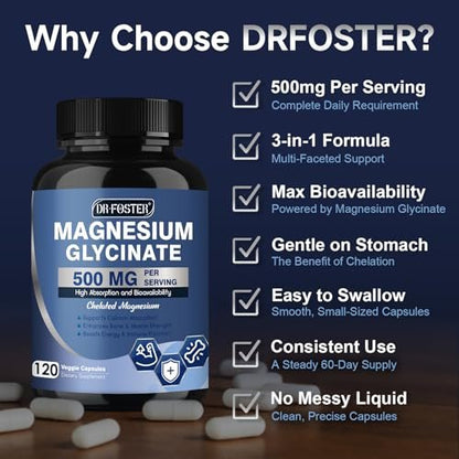 DRFOSTER Magnesium Glycinat 500mg mit Zink & Vitamin D3, Hochabsorbierendes Chelat-Magnesium-Glycinat für Schlaf, Muskel- & Knochenunterstützung, Wadenkrämpfe, Non-GMO - 120 vegane Kapseln