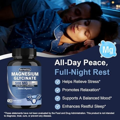DRFOSTER Magnesium Glycinat 500mg mit Zink & Vitamin D3, Hochabsorbierendes Chelat-Magnesium-Glycinat für Schlaf, Muskel- & Knochenunterstützung, Wadenkrämpfe, Non-GMO - 120 vegane Kapseln